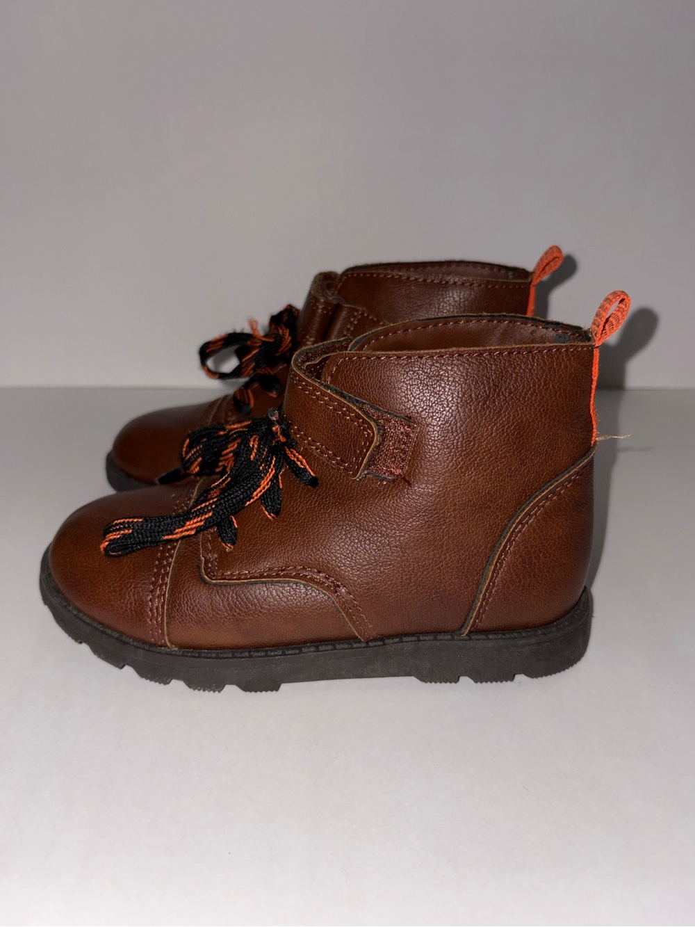 Carters- Kids Brown Leather Lace-Up Boots with Orange Accent